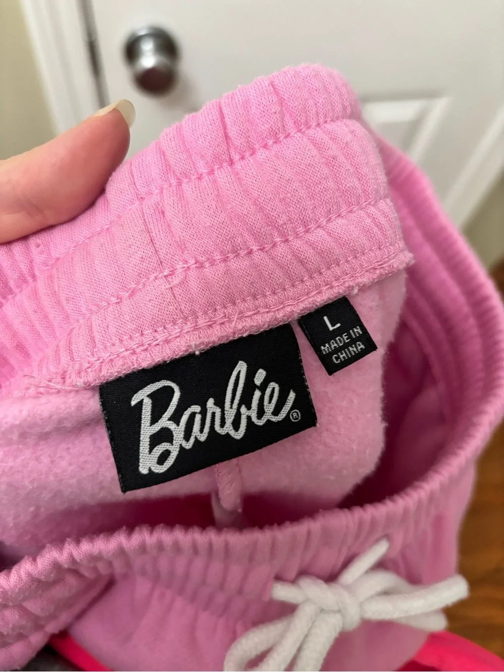 Barbie Pink Fleece Jogger Sweatpants Heart Graphic Stripe Cuff Size Large